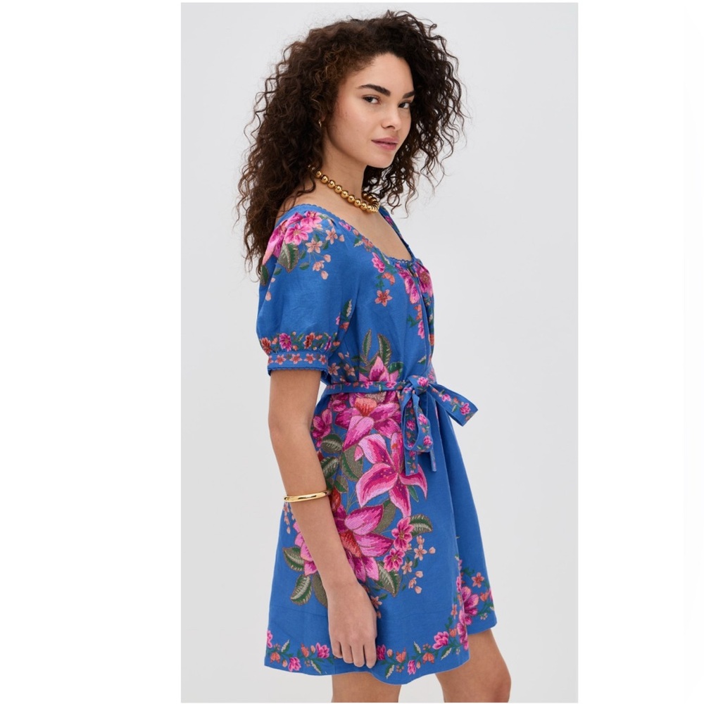 FARM Rio Blue Summer Fruit Scarf Euroflax Premium Linen Mini Dress Size XXS NWT